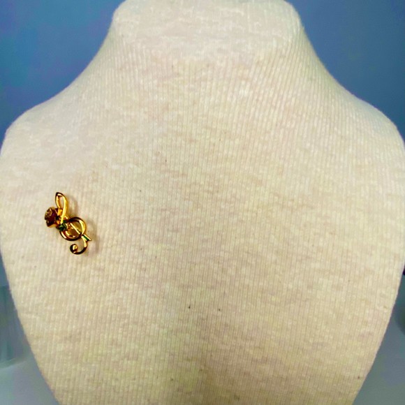 Rose Musical Note Brooch Gold Tone Enamel Cloisonne - Picture 2 of 6